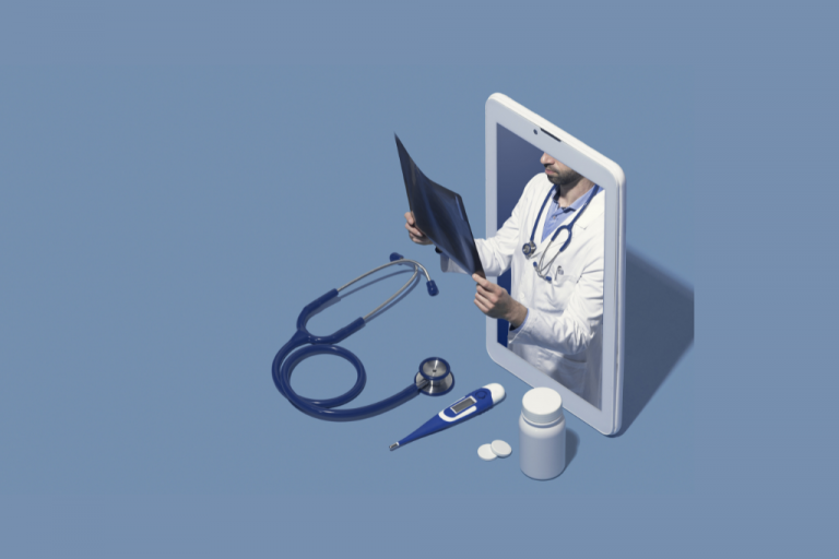 tablet con un médico haciendo una consulta virtual representando las aplicaciones de la telemedicina