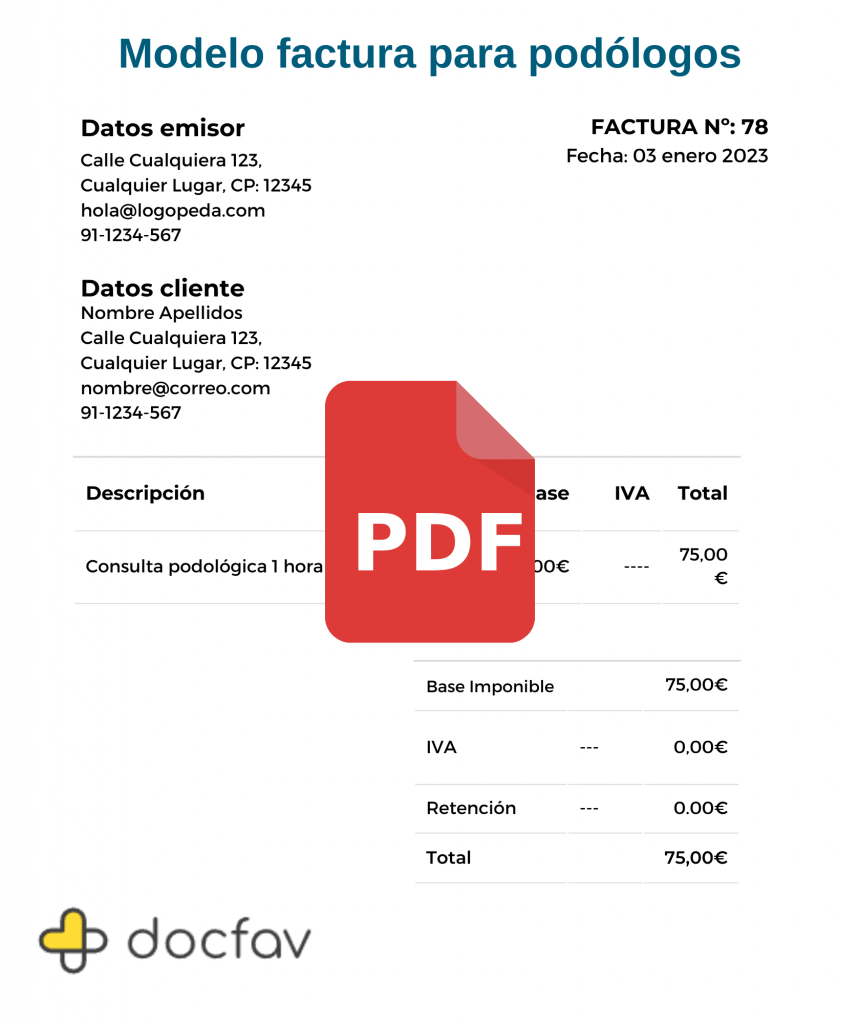 ejemplo de un modelo de factura de podólogo en formato PDF para descargar