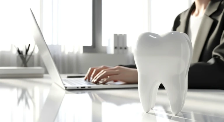 Modelo de diente en escritorio de consultorio dental