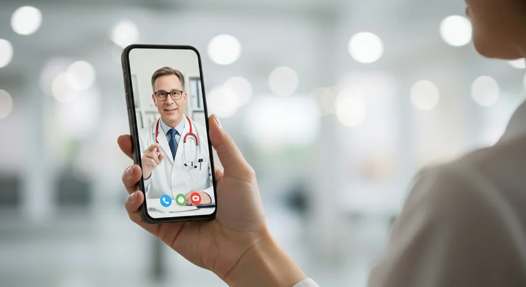 Médico en videollamada por teléfono inteligente.