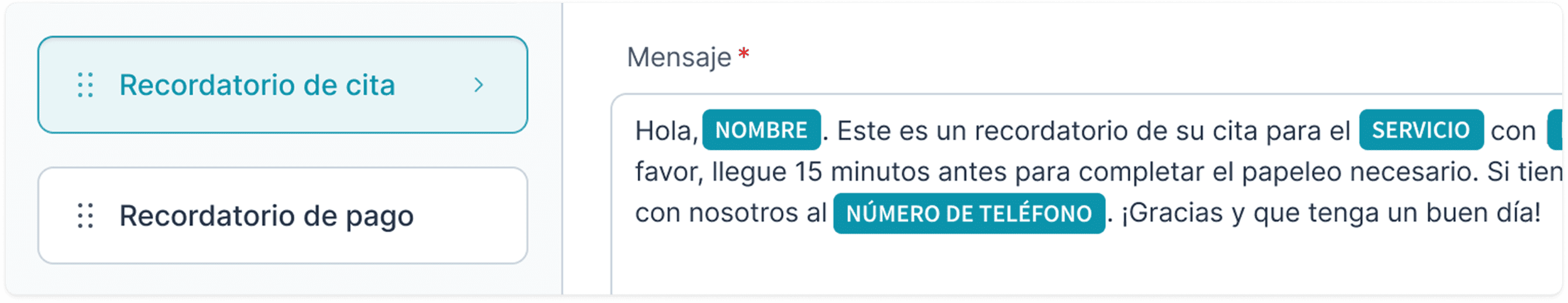 Recordatorio de cita con mensaje personalizado y campos de nombre, servicio y número de teléfono.