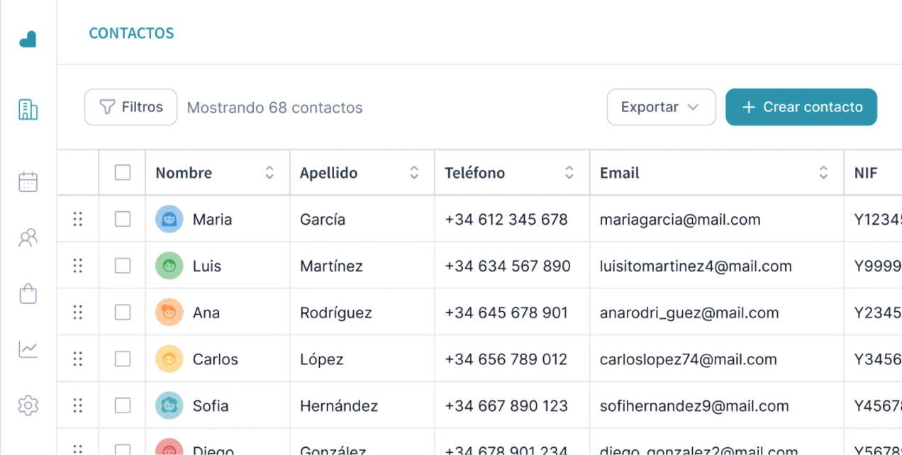 Lista de contactos en hoja de cálculo con nombres, teléfonos y correos electrónicos.