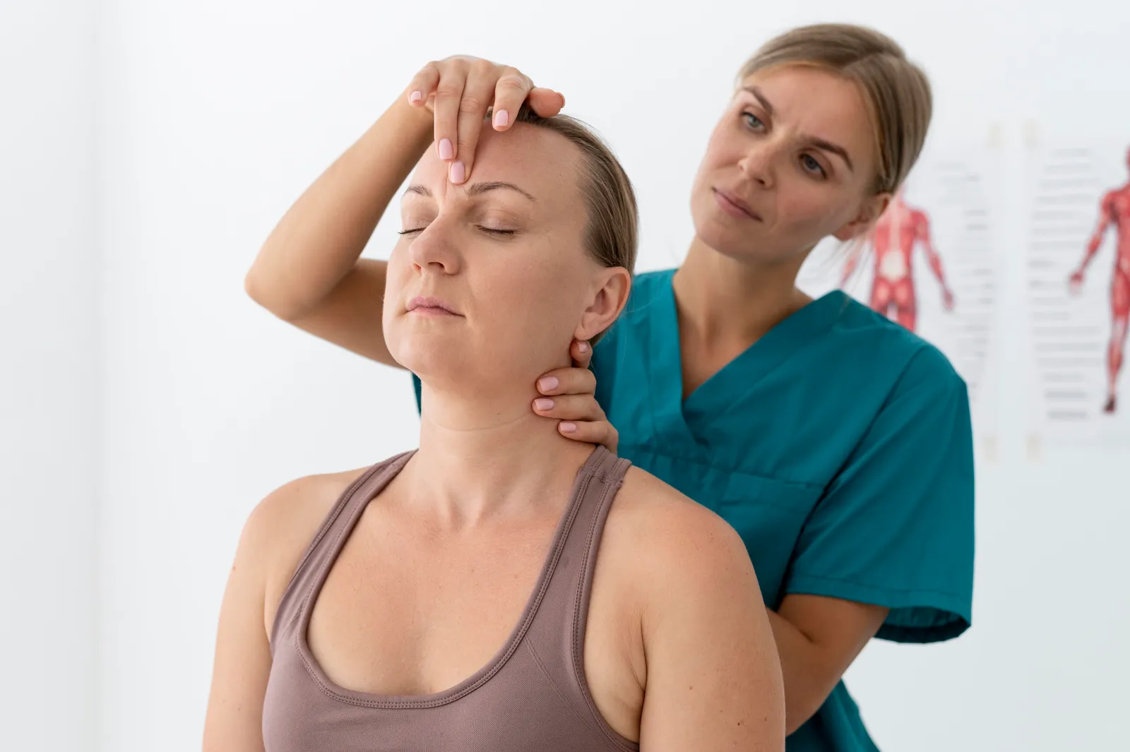Fisioterapeuta tratando el cuello de una paciente en la consulta